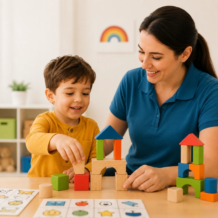 ABA Therapy with wooden blocks and interactive play